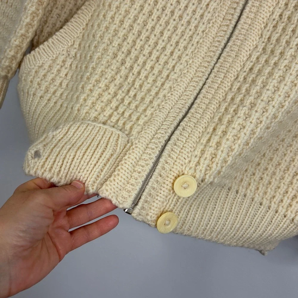 Vintage Irish Sweater Womens Large Cream Wool Chunky Knit Coatigan Cardigan - Picture 6 of 16